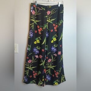 LOFT Linen Blend Wide Leg Pants Size Small Black Floral